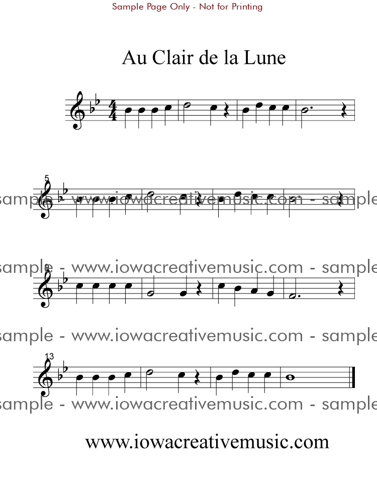 Au Clair De La Lune Flute A Bec Free Flute Sheet Music - Au Clair de la Lune; in Bb